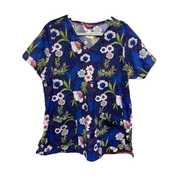 Vera Bradley Blue Tropical Women's Scrub Medical Vet Uniform Top Size Medium - Picture 1 of 6